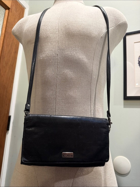 Perlina Handbags - Perlina Black Leather Crossbody Bag with Metal Logo Plaque
